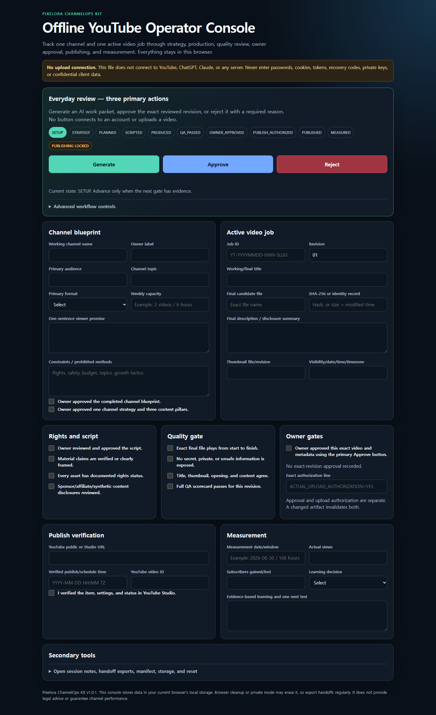 Actual Pixelora ChannelOps offline console showing Generate, Approve, and Reject