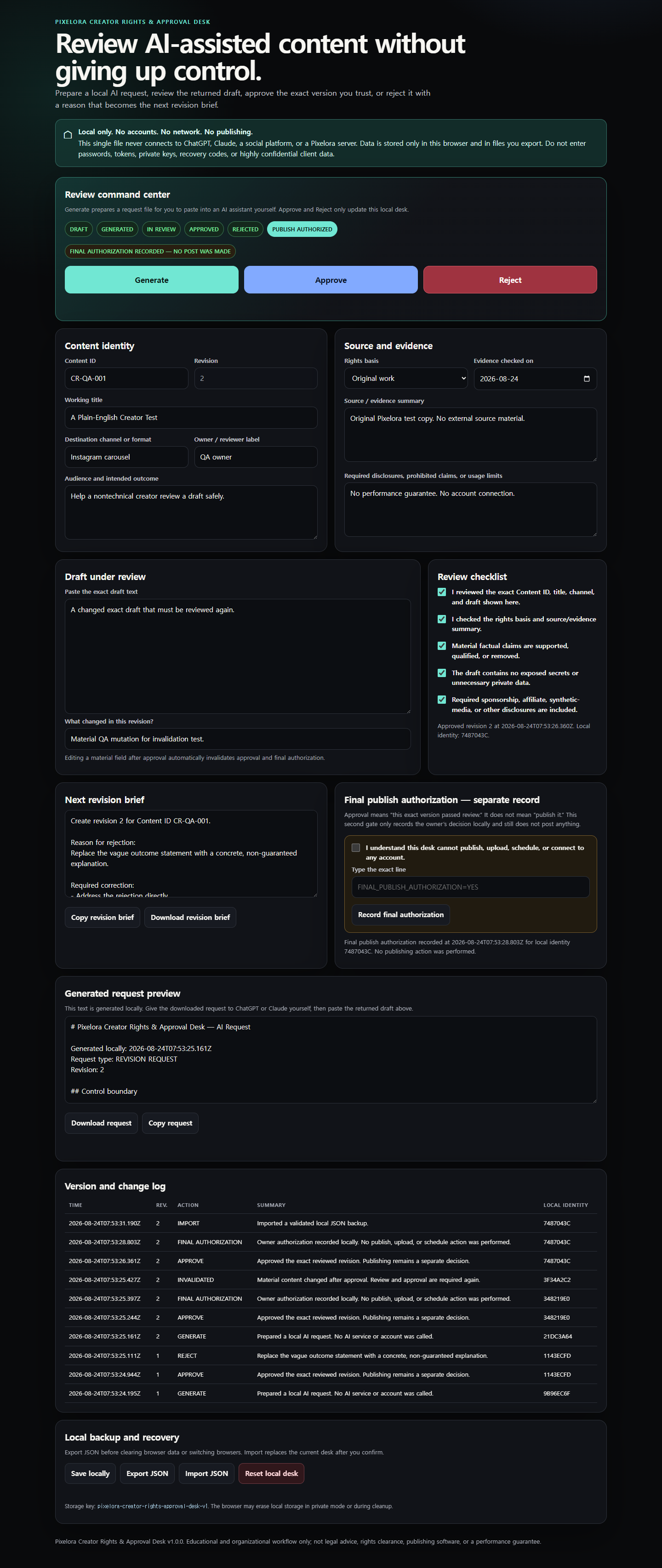 Pixelora Creator Rights and Approval Desk offline interface